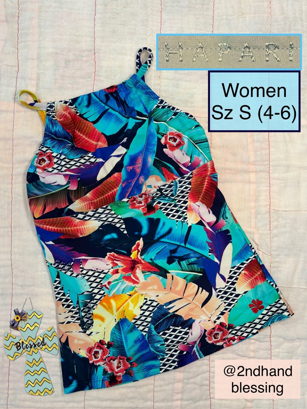 Hapari High Neck Tankini Swim Top, Women S, Multi Color Tropical Design, SPF 50+